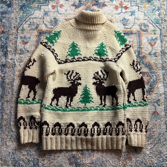 Vintage 70s Deer Zip-up Wool Cowichan Sweater Medium - Picture 2 of 8